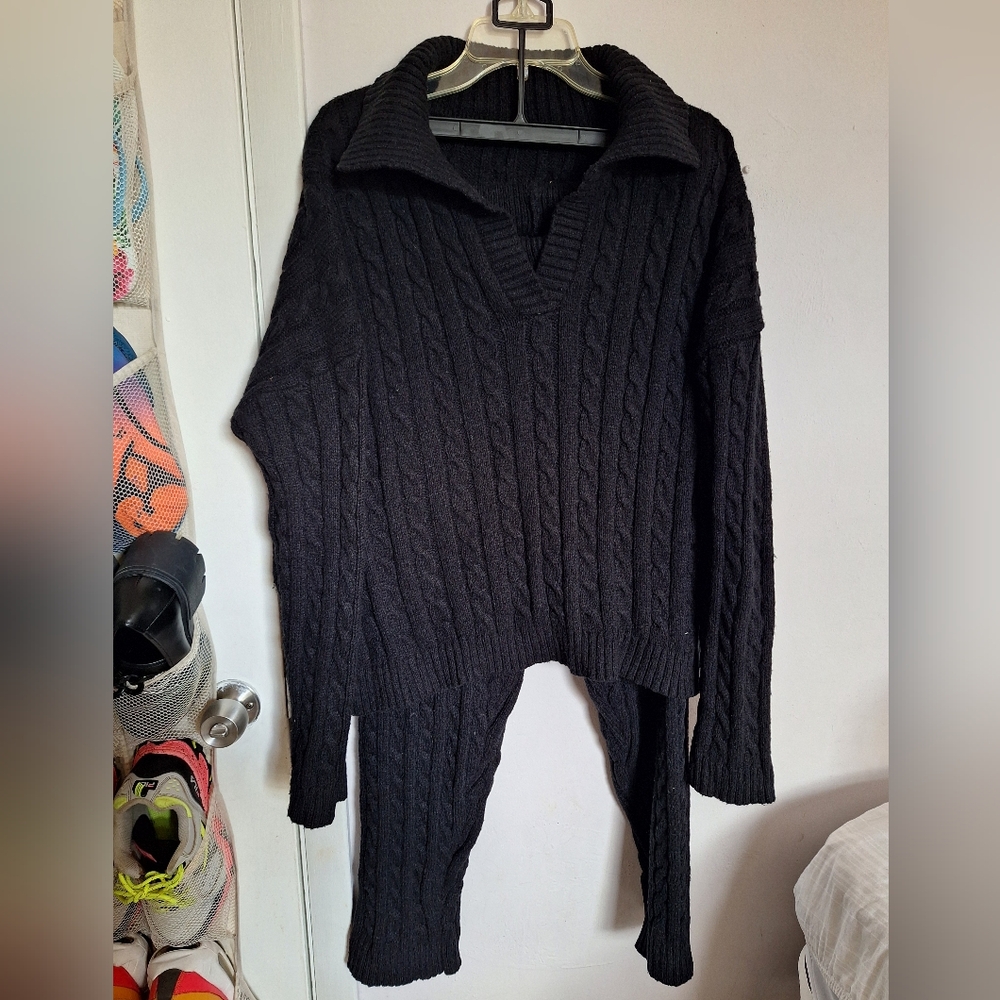 SHEIN 2XL Cable Knit Drop Shoulder Sweater & Knit Pants in Black